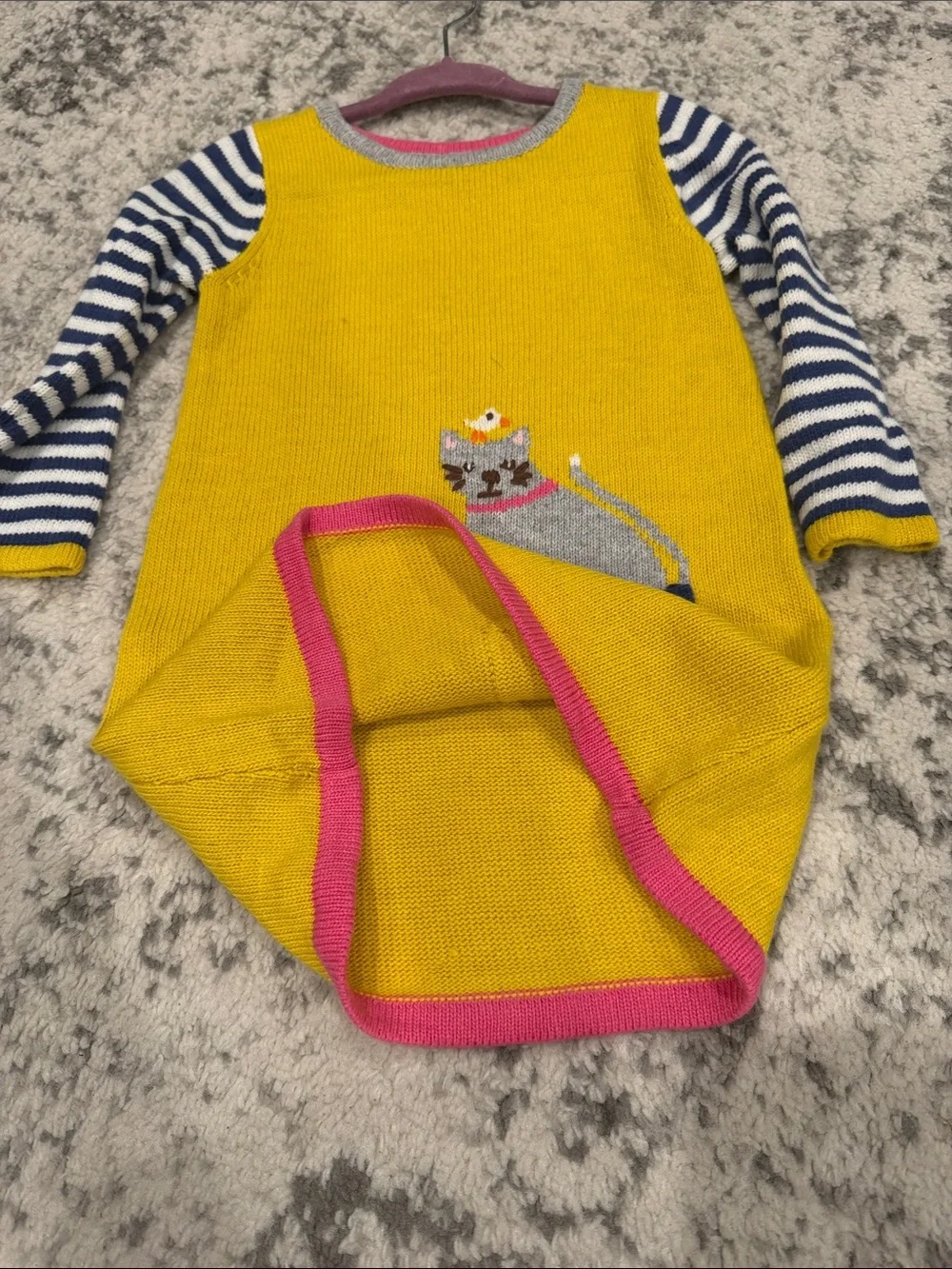 Baby Biden Girls' Yellow Knit Dress Top with Striped Sleeves and Cat Pocket